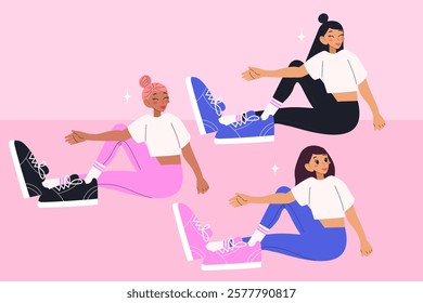 Set with women practice fitness exercises. Pilates, stretching, yoga workouts. Modern vector illustrations.