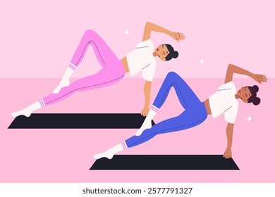 Set with women practice fitness exercises. Pilates, stretching, yoga workouts. Modern vector illustrations.