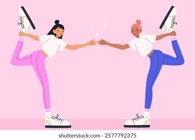 Set with women practice fitness exercises. Pilates, stretching, yoga workouts. Modern vector illustrations.