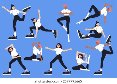 Set with women practice fitness exercises. Pilates, stretching, yoga workouts. Modern vector illustrations.