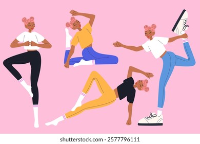 Set with women practice fitness exercises. Pilates, stretching, yoga workouts. Modern vector illustrations.