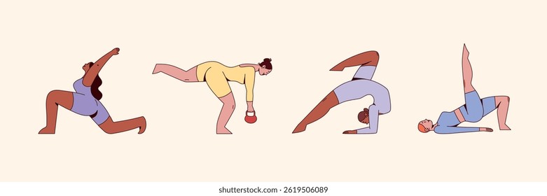 Set of Women Practicing Yoga, Balance and Strength Poses. Home Fitness Concept. Focus on Flexibility. Vector illustration design for posters, banners, social media, web pages and advertisement.