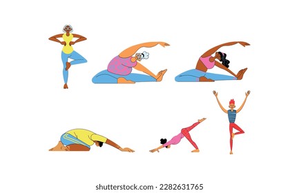 conjunto de mujeres practicando yoga en diferentes poses en diseño de ilustraciones vectoriales de fondo blanco