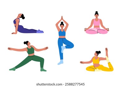 Set of women practicing yoga in different poses. Fit, active girls doing stretching, meditation, and balance exercises. Wellness, fitness, and mindfulness concept. Cartoon-style illustration.