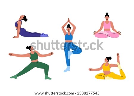 Set of women practicing yoga in different poses. Fit, active girls doing stretching, meditation, and balance exercises. Wellness, fitness, and mindfulness concept. Cartoon-style illustration.
