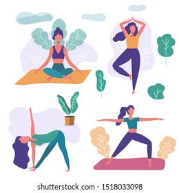 Conjunto de mujeres practicando yoga. Chicas en diferentes poses de asanas. Dibujo vectorial plano moderno