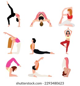 Set of women practicing yoga on white background