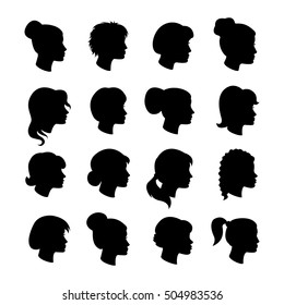 Set of women profiles silhouettes with different hairstyles