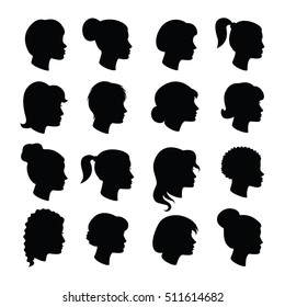 Set of women profiles silhouettes with different hairstyles