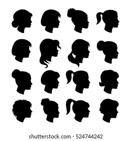 Set of women profiles silhouettes with different hairstyles