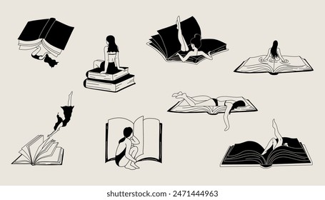 Set of Women reading a book. Read more book concept. Literature fans or lovers.