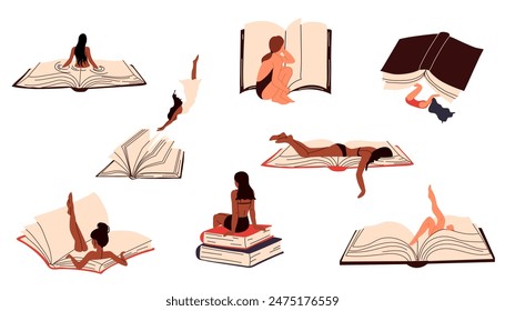 Set of Women reading a book. Read more book concept. Literature fans or lovers.