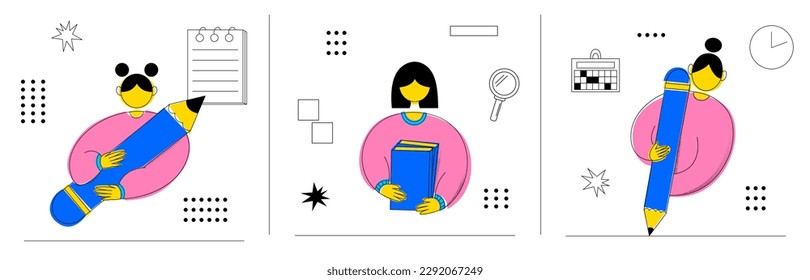 Set of women reading books and holding big pencils for drawing or writing. School or college activity. Education and creativity concept. Trendy flat outline character on isolated white background.