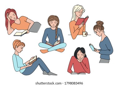 Set of women reading in different poses. Students study literature. Black outline. Isolated people on white background. Vector illustration.