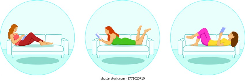 Set of women reading or students studying and preparing for examination while lying on the sofa and relaxing. Set of book lovers, readers, modern literature fans isolated on white background. Flat car