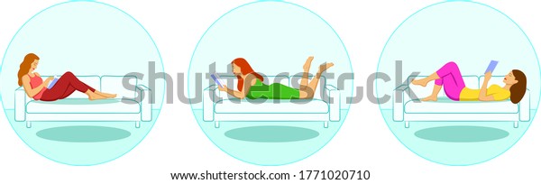 Set of women reading or students studying and
preparing for examination while lying on the sofa and relaxing. Set
of book lovers, readers, modern literature fans isolated on white
background. Flat car
