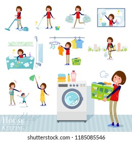 A set of women related to housekeeping such as cleaning and laundry.There are various actions such as child rearing.It's vector art so it's easy to edit.