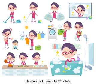 A set of women related to housekeeping such as cleaning and laundry.There are various actions such as cooking and child rearing.It's vector art so it's easy to edit.