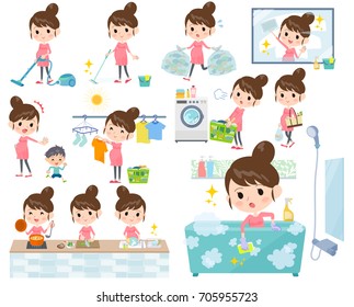 A set of women related to housekeeping such as cleaning and laundry.
There are various actions such as cooking and child rearing.
It's vector art so it's easy to edit.