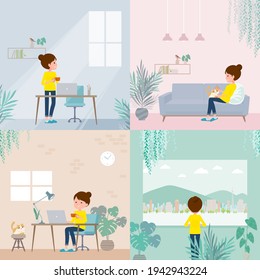 A set of women relaxing in the room.  It's vector art so easy to edit.