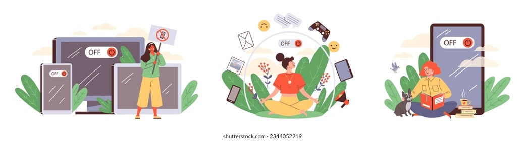 Conjunto de mujeres descansando de aparatos y estilo plano de medios sociales, ilustración vectorial aislada en fondo blanco. Concepto de desintoxicación digital, carácter de manifestante, meditación y yoga, ocio