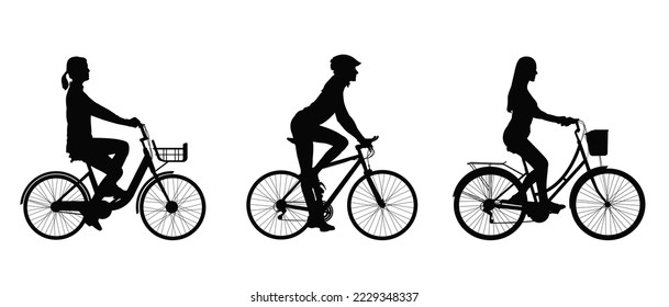 Set of women riding bicycle silhouette on white background