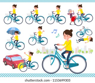 A set of women riding a city cycle.There are actions on manners and troubles.It's vector art so it's easy to edit.