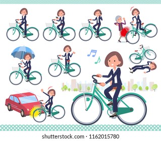 A set of women riding a city cycle.There are actions on manners and troubles.It's vector art so it's easy to edit.