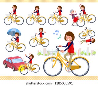 A set of women riding a city cycle.There are actions on manners and troubles.It's vector art so it's easy to edit.