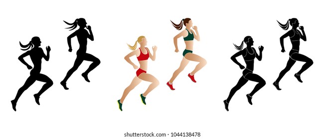 set women runners sprinters run: black and colored silhouette