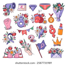 Set of women s day icon. Vector collection of female clipart for international feminine day. Flowers and woman crown, diamond and lipstick, calendar and bra, medal and lipstick. 8th march holiday.