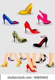 Set of women shoes and Illustration with shoes on legs