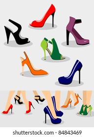 Set of women shoes and Illustration with shoes on legs