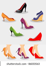 Set of women shoes and Illustration with shoes on legs