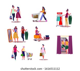 Set of women shopping. Flat vector illustrations of women choosing clothing, shoes, shopping at grocery store. Shopping concept for banner, website design or landing web page