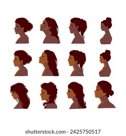 Set of women silhouette side view, face and neck only vector illustration. Female Internatinal Women's Day. isolated on white background.