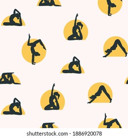 Set of women silhouettes doing Yoga. Girls working out. Hand drawn colored Vector illustration. Weight Loss. Health care and lifestyle concept. Square seamless Pattern. Background, wallpaper