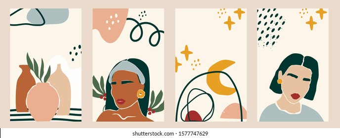 Set of women silhouettes and various objects. Abstract female portraits. Paper cut mosaic style. Modern hand drawn vector illustrations. Flat design. Social media backgrounds. SmartPhone wallpapers