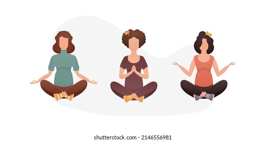 Set of Women Sits in the lotus position. Isolated. Vector.