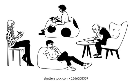 Set of women sitting in different poses. Concept. Monochrome vector illustration of women doing various things sitting in simple line art style. Hand drawn sketch isolated on white background.
