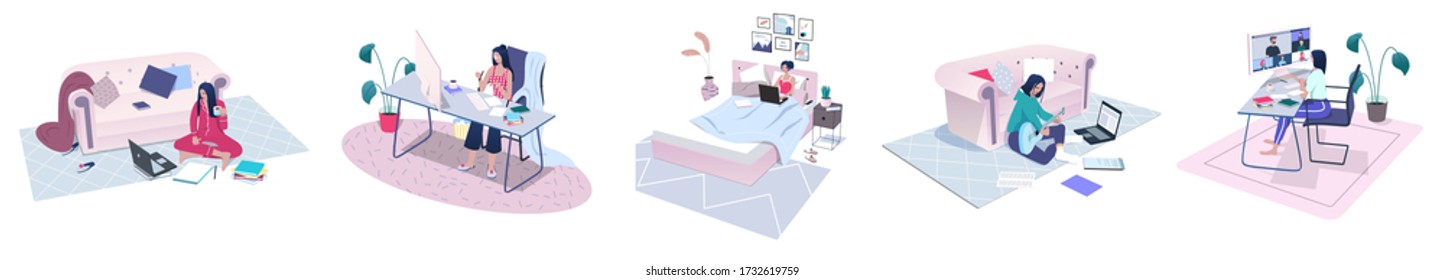 Set of women sitting at home, learning and working online at the computer, laptop, having part at video conference, playing guitar. Enjoy self-isolation, stay home. Flat vector illustration. - Shutterstock ID 1732619759