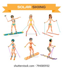 Set of women skiing in a bikini at the end of the winter resort season. Flat cartoon vector illustration