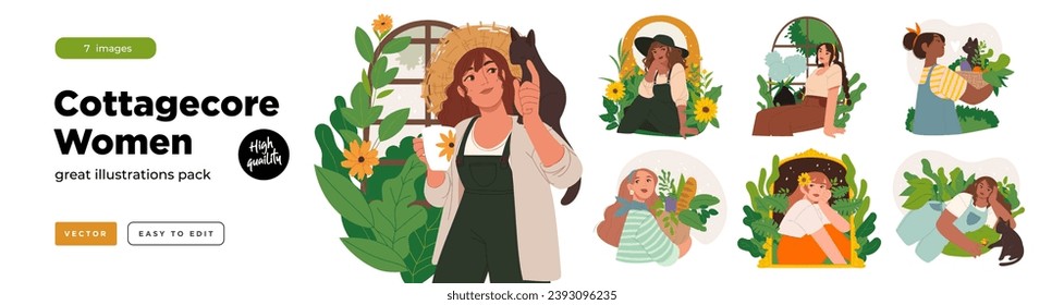 Set women spending time at summer cottage vector flat illustration.