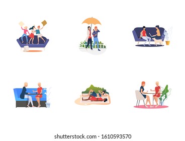 Set of women spending time together. Flat vector illustrations of women fighting with pillows, drinking, practicing yoga. Friendship, leisure concept for banner, website design or landing web page