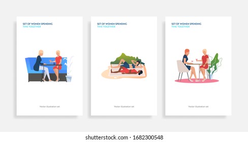 Set of women spending time together. Flat vector illustrations of women fighting with pillows, drinking, practicing yoga. Friendship, leisure concept for banner, website design or landing web page