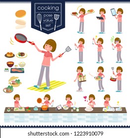 A set of women in sportswear about cooking.There are actions that are cooking in various ways in the kitchen.It's vector art so it's easy to edit.