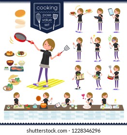 A set of women in sportswear about cooking.There are actions that are cooking in various ways in the kitchen.It's vector art so it's easy to edit.