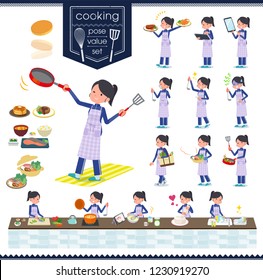 A set of women in sportswear about cooking.There are actions that are cooking in various ways in the kitchen.It's vector art so it's easy to edit.