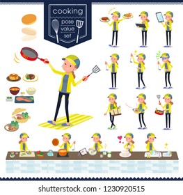 A set of women in sportswear about cooking.There are actions that are cooking in various ways in the kitchen.It's vector art so it's easy to edit.