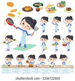 A set of women in sportswear about cooking.There are actions that are cooking in various ways in the kitchen.It's vector art so it's easy to edit.
